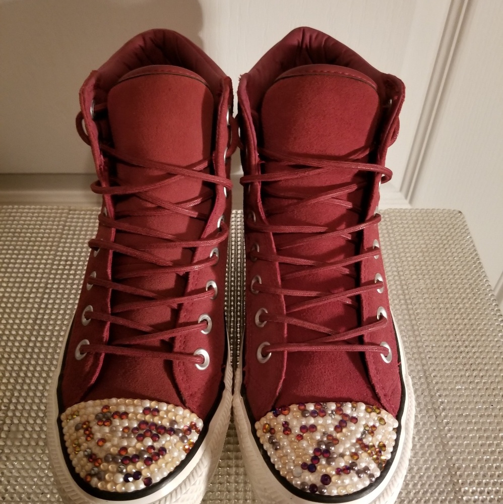 Converse High Top Sneakers Burgundy with Beaded Pearl Toe Caps